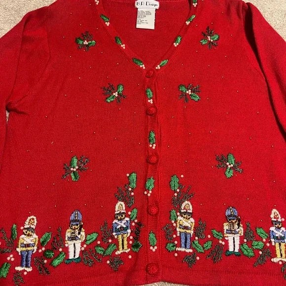 Vintage Red Christmas Cardigan with Nutcracker Design - Picture 3 of 7